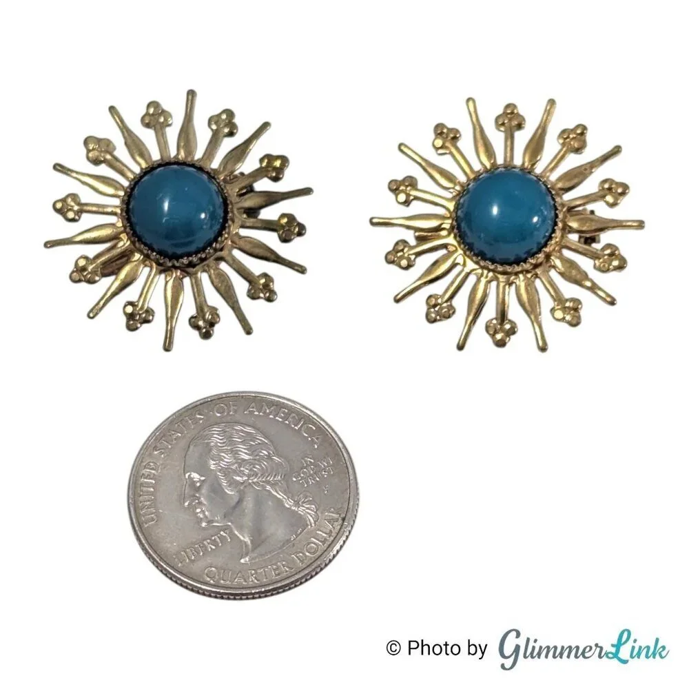 Vintage Starburst Scatter Brooch Set Gold Tone with Blue Cabochons Set of 2